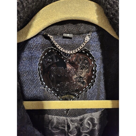 Guess Double-Breasted Skirted Navy & Black Plaid Wool Blend Pea Coat Size Small - Picture 2 of 10